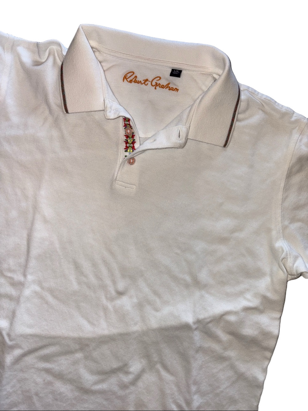 Robert Graham Men’s Large White Polo Shirt Floral Embroidered Detail